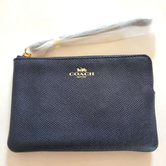 Coach Corner Zip Leather Wristlet Midnight Blue - Picture 1 of 4